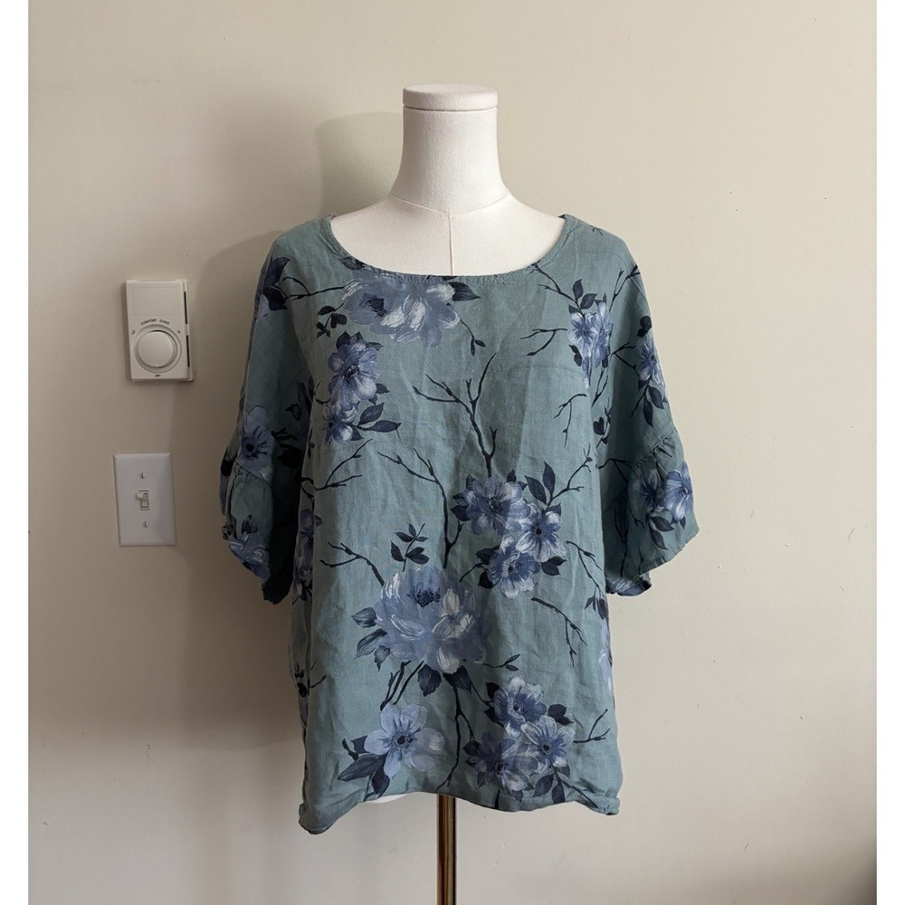 Elena Baldi Made in Italy Linen Top‎ Womens Medium Oversized Floral Coastal Boho